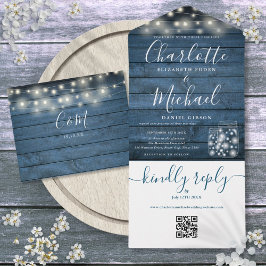 Blaue Rustikale Holz QR Code Mason Jars Lichter Ho All In One Einladung
