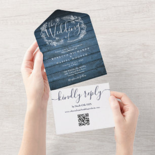 Blaue Rustikale Holz-QR-Code-Monogramm-Floral-Hoch All In One Einladung