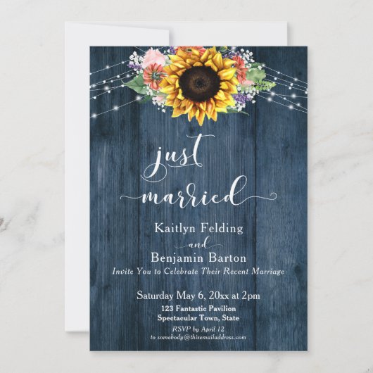 Blaue, rustikale Holz Sonnenblumen Lichter nur ver Einladung (Vorderseite)