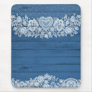 Blaue Rustikale Holz & Weiße Spitze Lacy Farmhouse Mousepad