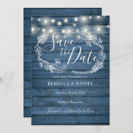 Blaue Rustikale Holzbalken Land Floral Save The Date (Vorne/Hinten)
