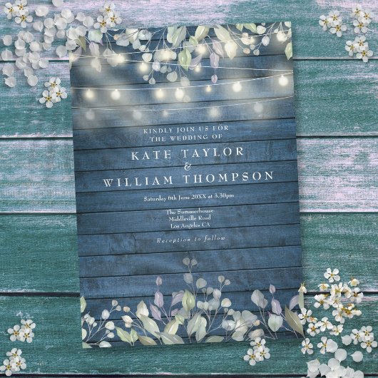 Blaue Rustikale Holzsaitenblume Einladung