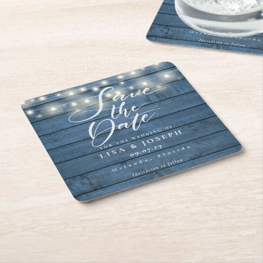 Blaue, rustikale Holzsaitenleuchten Save the Date Rechteckiger Pappuntersetzer (angewinkelt)