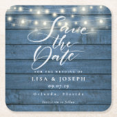 Blaue, rustikale Holzsaitenleuchten Save the Date Rechteckiger Pappuntersetzer (Vorderseite)