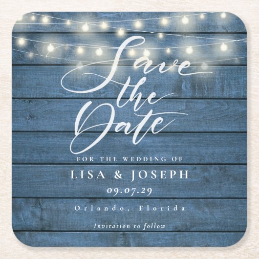 Blaue, rustikale Holzsaitenleuchten Save the Date Rechteckiger Pappuntersetzer (Vorderseite)