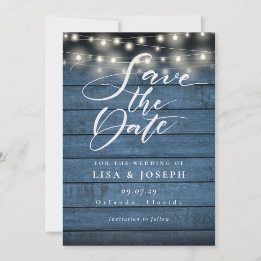 Blaue Rustikale Holzsaitenlichter Hochzeit Save The Date (Vorderseite)