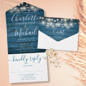 Blaue Rustikale Holzzeichenbeleuchtung Monogramm H All In One Einladung