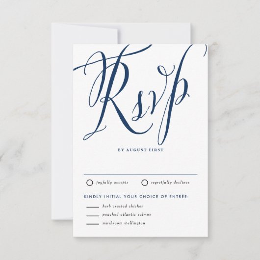 Blaue Rustikale Kalligraphie mit Essensauswahl RSVP Karte (Vorderseite)