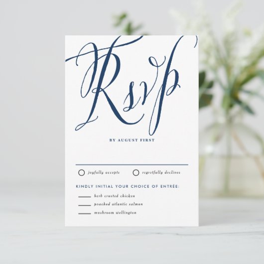 Blaue Rustikale Kalligraphie mit Essensauswahl RSVP Karte (Stehend Vorderseite)