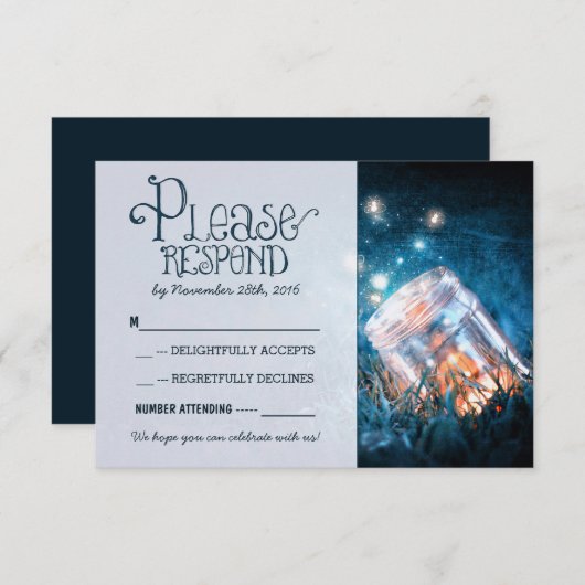 blaue rustikale Lichter auf Glas Hochzeit RSVP (Vorne/Hinten)