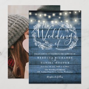 Blaue Rustikale Lichterkette Blumen Hochzeit Foto Einladung