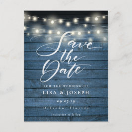 Blaue Rustikale Lichterkette QR Code Save the Date Postkarte