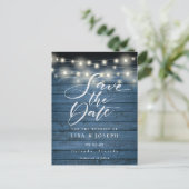 Blaue Rustikale Lichterkette QR Code Save the Date Postkarte (Stehend Vorderseite)