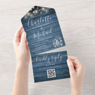 Blaue Rustikale Lichterketten Mason Jars QR Hochze All In One Einladung