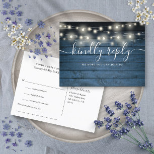 Blaue Rustikale Lichterketten Songwunsch RSVP Einladungspostkarte