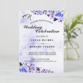 Blaue rustikale Lila Rose Hochzeitseinladung Einladung (Stehend Vorderseite)
