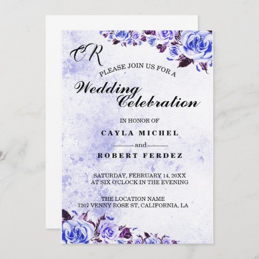Blaue rustikale Lila Rose Hochzeitseinladung Einladung (Vorne/Hinten)