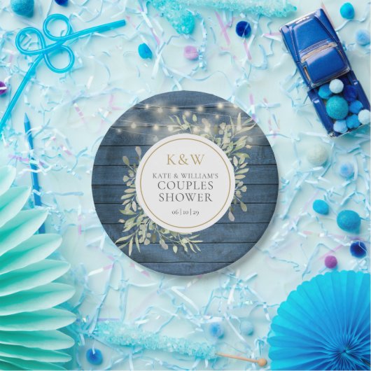 Blaue Rustikale Monogram Grünpaare Dusche Pappteller (Party)