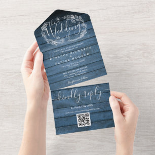 Blaue Rustikale Scheunenholz QR Code Florale Hochz All In One Einladung