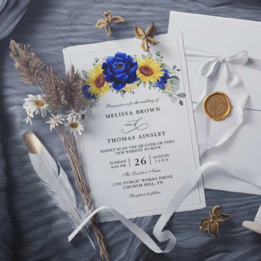 Blaue Rustikale Sonnenblumen Budget QR-Code Hochze Einladung
