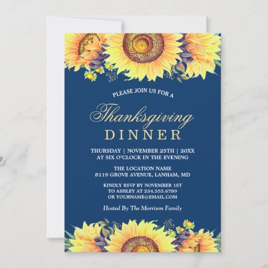 Blaue Rustikale Sonnenblumen Erntedank Abendessen Einladung (Vorderseite)