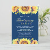 Blaue Rustikale Sonnenblumen Erntedank Abendessen Einladung (Stehend Vorderseite)