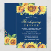 Blaue Rustikale Sonnenblumen Erntedank Abendessen Einladung (Vorne/Hinten)