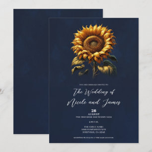 Blaue Rustikale Sonnenblumen Hochzeit  Einladung