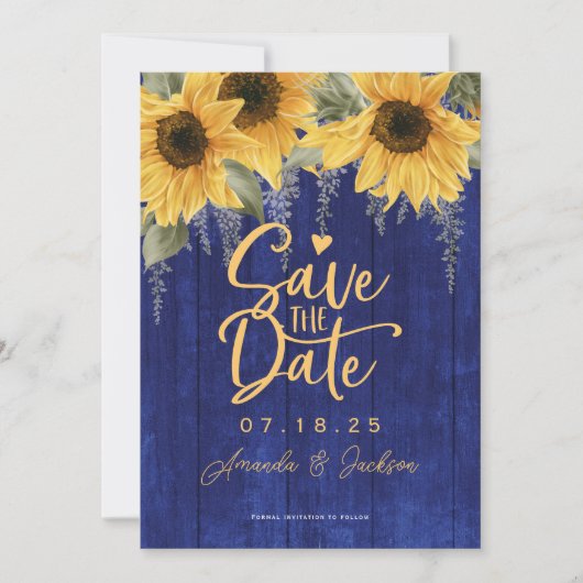 Blaue, rustikale Sonnenblumenhochzeit rette Save The Date (Vorderseite)