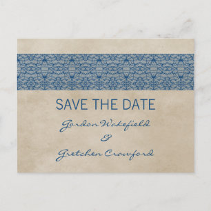Blaue Rustikale Spitze Save the Date Postkarte