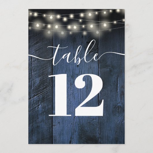 Blaue Rustikale Stallenholz-String-Tischnummern Einladung (Rückseite)