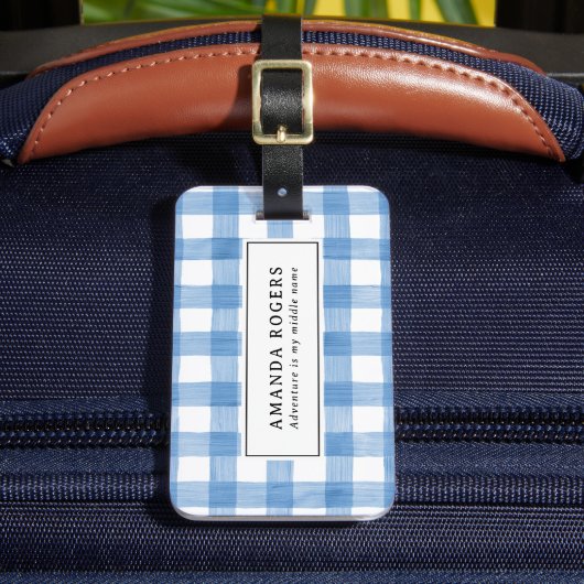 Blaue Rustikale Wasserfarbe Büffel Karo Modern Gepäckanhänger (Vorderseite Insitu 2)