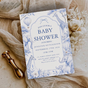 Blaue Safari-Chinoiserie-Baby-Shower-Toile-De-Jouy Einladung