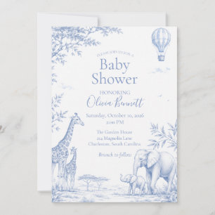 Blaue Safari-Toile Giraffe Elefant Baby Shower Einladung