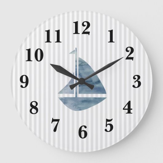 Blaue Sailboat Strip Preppy Large Clock Große Wanduhr (Vorderseite)