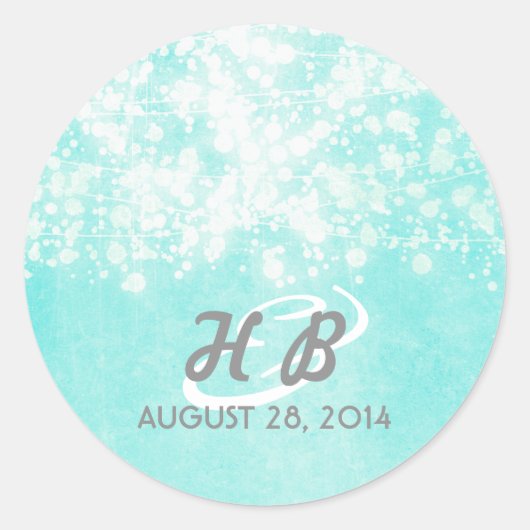 Blaue Saitenlichter rustikale Hochzeit Runder Aufkleber (Vorderseite)