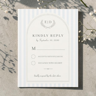 Blaue & Salbeigrün gestreifte Hochzeitsmonogramm-K RSVP Karte