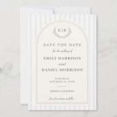 Blaue & Salbeigrüne gestreifte Hochzeitsmonogramm Save The Date (Vorderseite)
