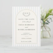 Blaue & Salbeigrüne gestreifte Hochzeitsmonogramm Save The Date (Stehend Vorderseite)
