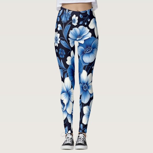 blaue Samt-Blüten-Leggings Leggings (Vorderseite)