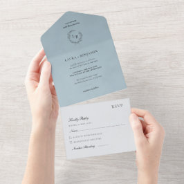Blaue Samt Lorbeerkranz Minimalistische Hochzeit All In One Einladung