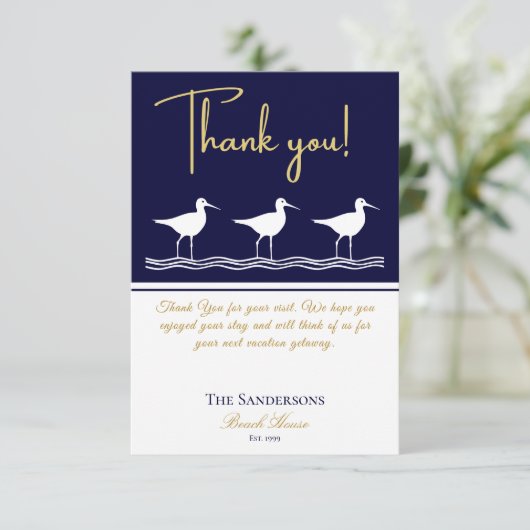 Blaue Sandpiper aus Strandhaus Dankeskarte (Stehend Vorderseite)