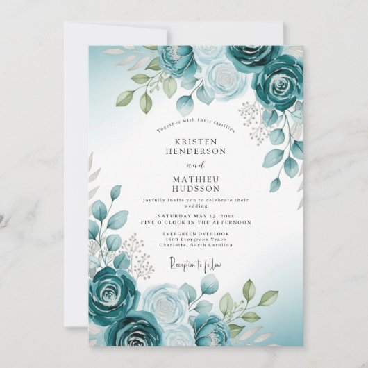Blaue sanfte Aquarell-Botanik-Hochzeit Einladung (Vorderseite)