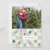 Blaue Schachbrett-Merry-&-Bright-Weihnachtskarte Einladung (Vorderseite)