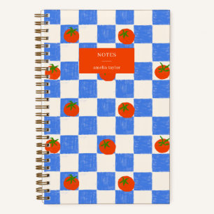 Blaue Schachbrett-Tomaten-Muster personalisierter Notizblock