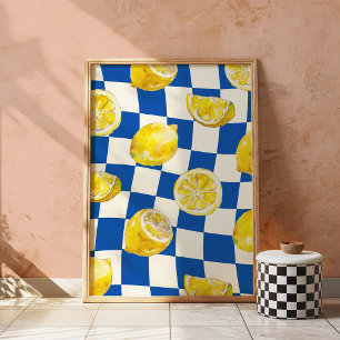 Blaue Schachbrett-Zitronen-Wandkunst drucken Poster