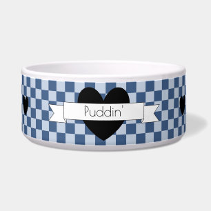 Blaue Schachbretter mit Heart Keramik Pet Bowl - H Napf