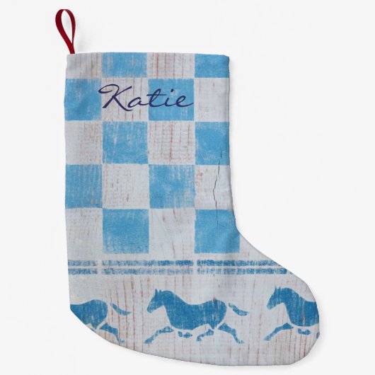 Blaue Schachbrettpferde Kleiner Weihnachtsstrumpf (Vorderseite)