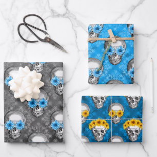 Blaue Schädel und Sonnenblumen Serie Design 5 Geschenkpapier Set