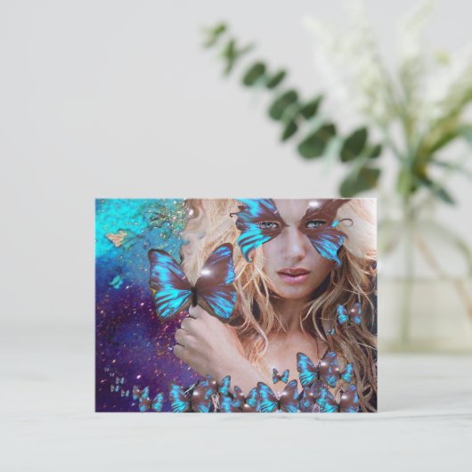 BLAUE SCHALTFLÄCHE IN AQUAMARINEN GRÜNEN GOLD-GLIT POSTKARTE (Stehend Vorderseite)